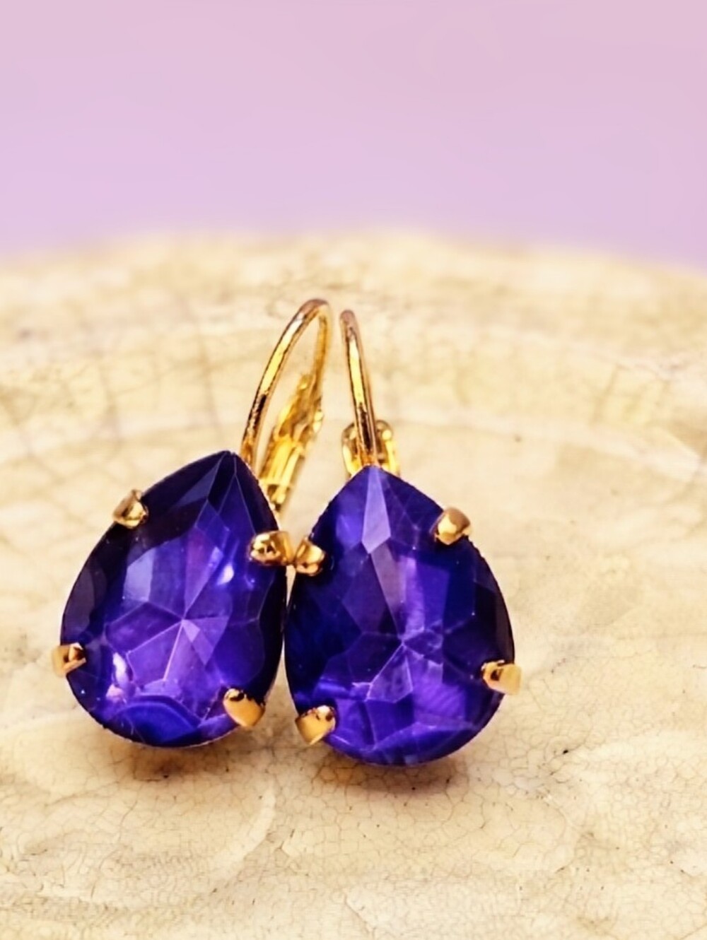 Neon Purple Electric Glow In The Dark Crystal In 18K Gold Plated Earrings